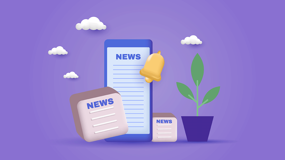 Illustrations of news sources, with a plant.